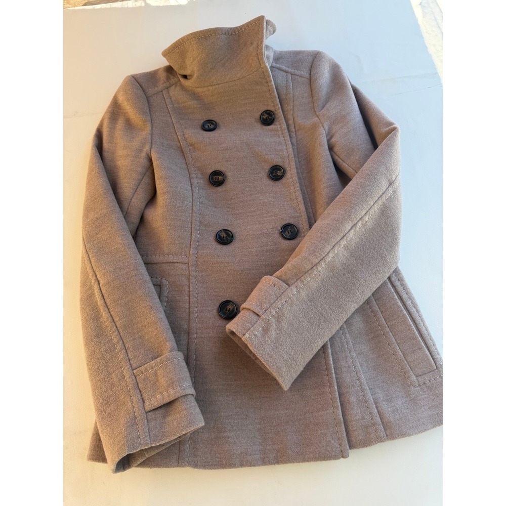 HM Womens Tan Double Breasted Pea Coat Funnel Neck Size 4 Taupe Jacket